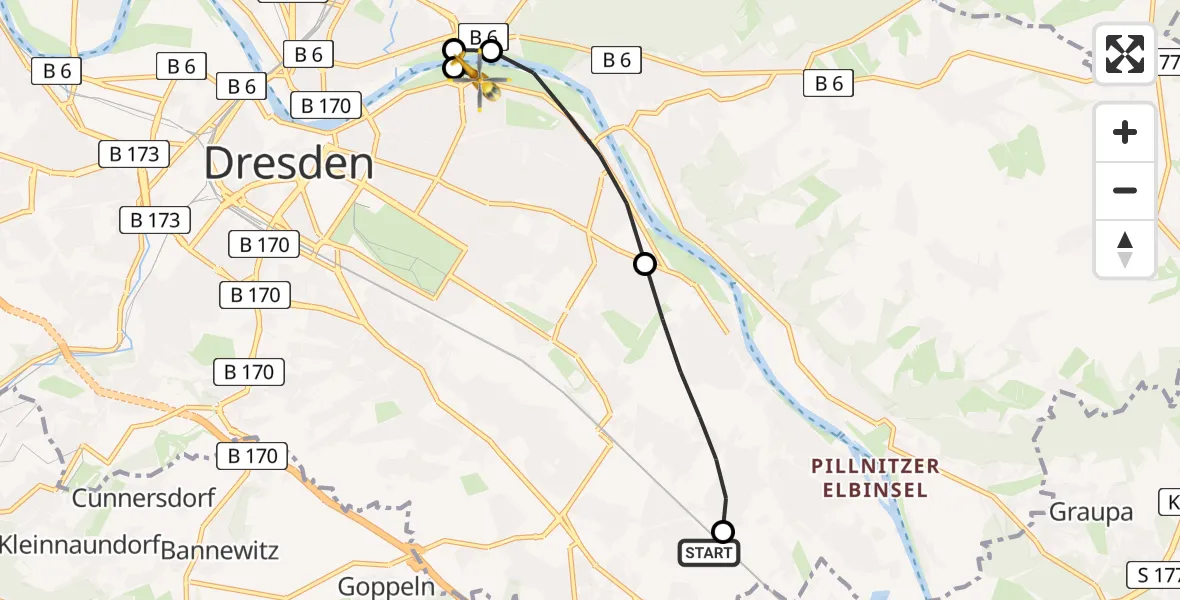 Flugroute Rettungshubschrauber Prohlis - Dresden Elbwiesen Heliport, 08 März 2026, 11:18