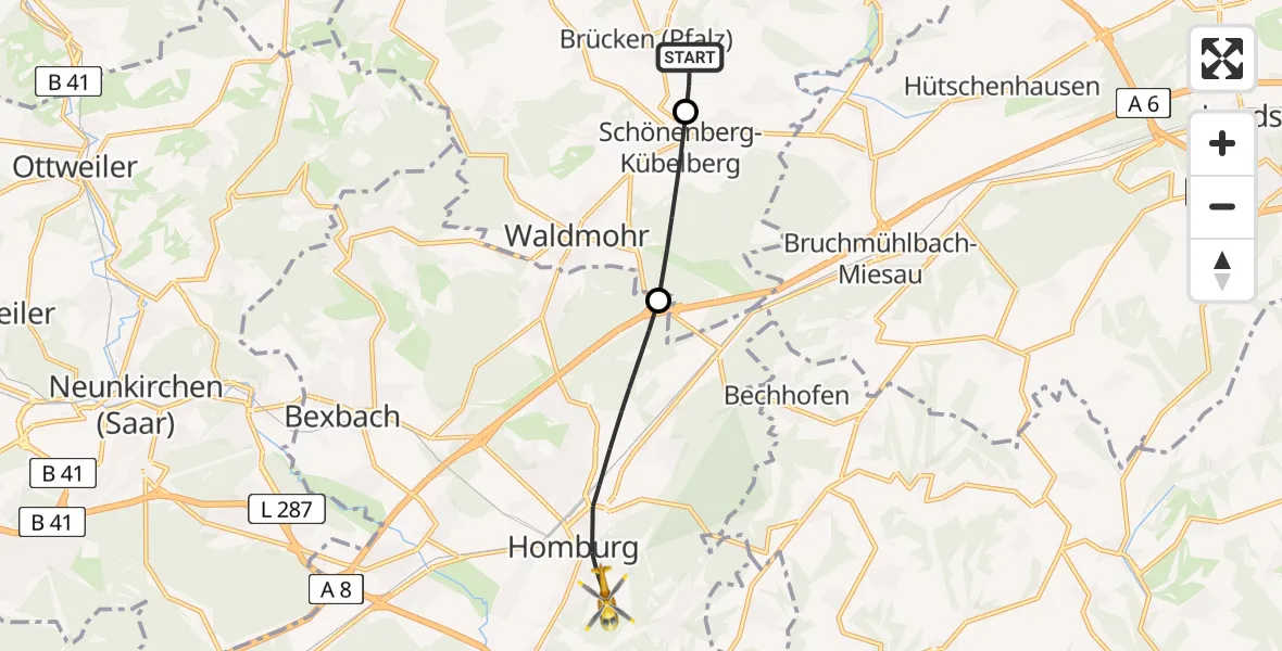 Flugroute Rettungshubschrauber Brücken (Pfalz) - Homburg, 08 März 2026, 11:20