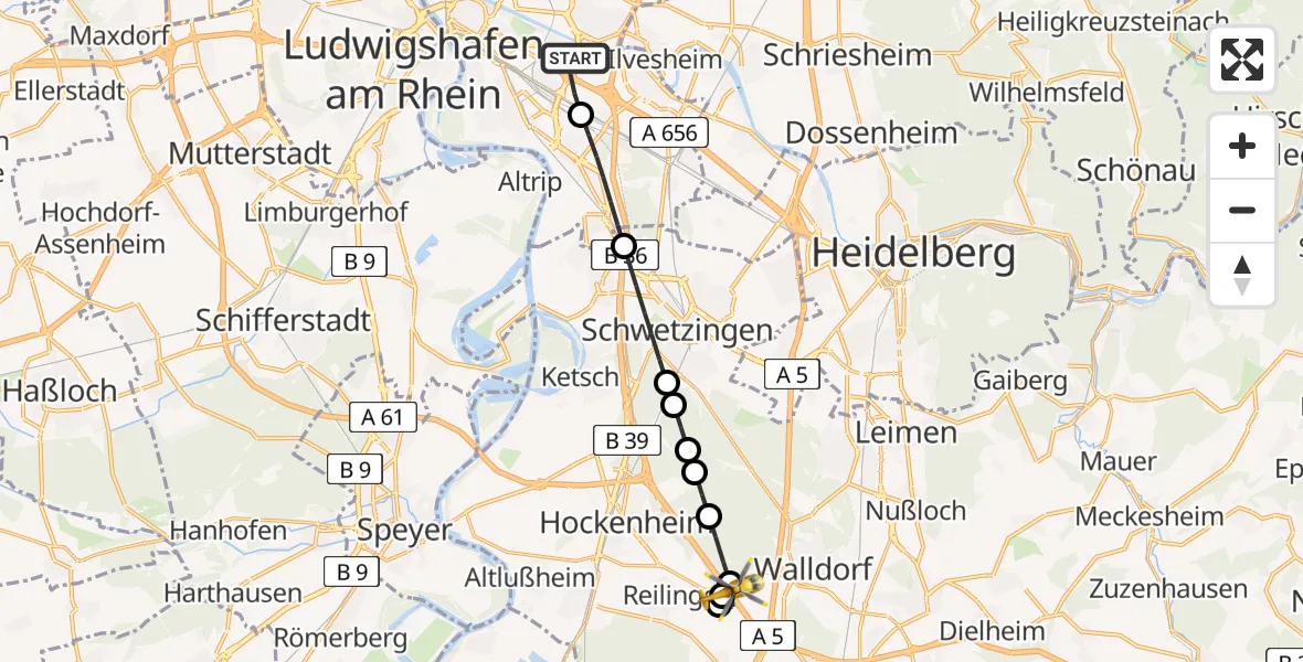 Flugroute Rettungshubschrauber Mannheim-City Airport - Walldorf, 08 März 2026, 11:27