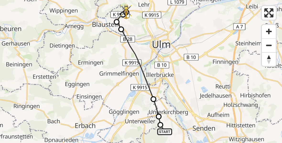 Flugroute Rettungshubschrauber Illerkirchberg - ADAC Air Rescue Station Ulm (Christoph 22), 08 März 2026, 11:27