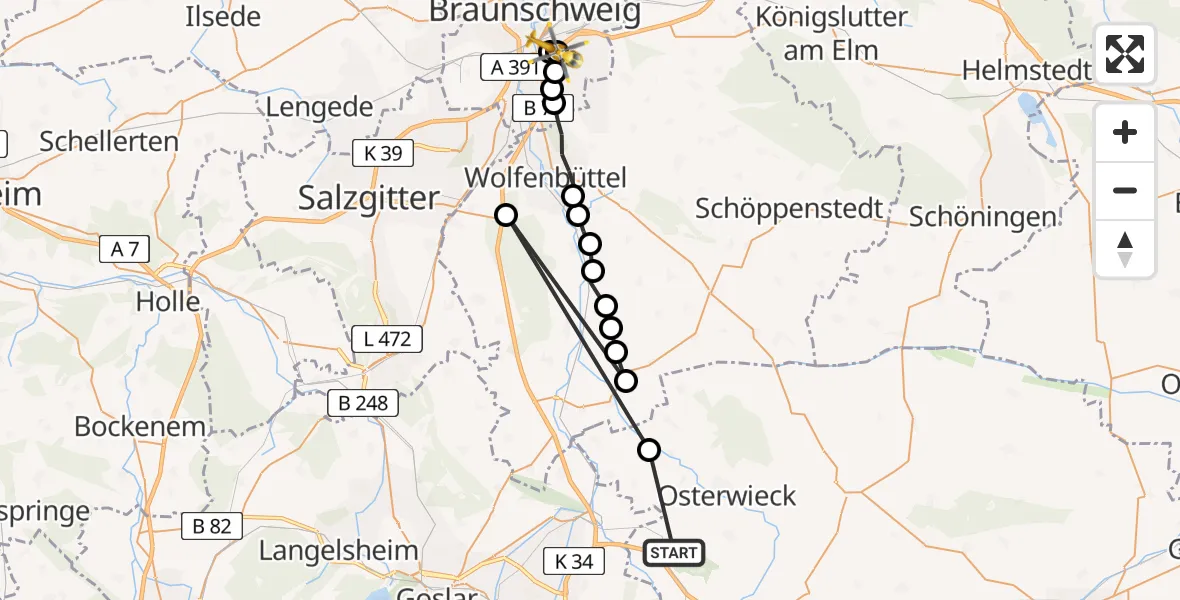 Flugroute Rettungshubschrauber Abbenrode - Südstadt-Rautheim-Mascherode, 08 März 2026, 11:31