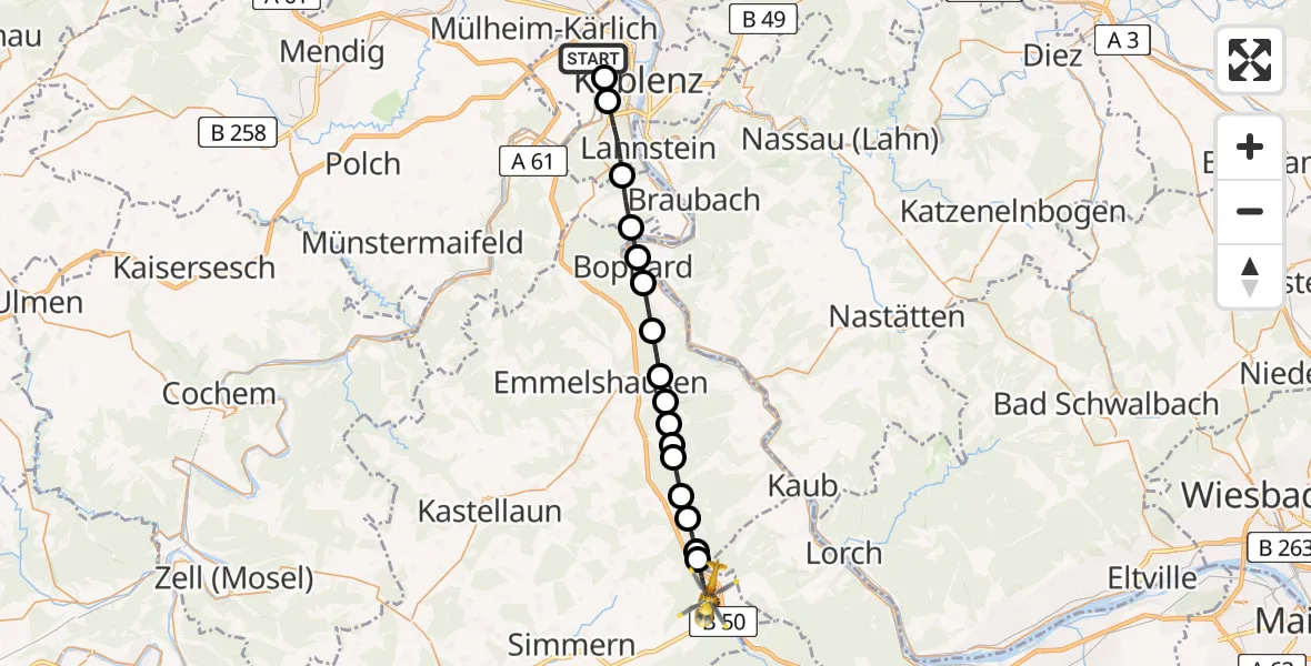 Flugroute Rettungshubschrauber Koblenz - Rheinböllen, 08 März 2026, 11:31