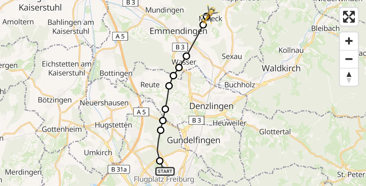 Flugroute Rettungshubschrauber Freiburg im Breisgau Airfield - Maleck, 08 März 2026, 11:50