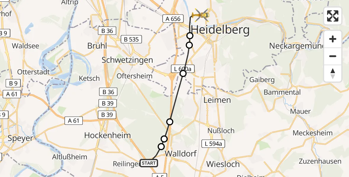 Flugroute Rettungshubschrauber Walldorf - Heidelberg, 08 März 2026, 11:55