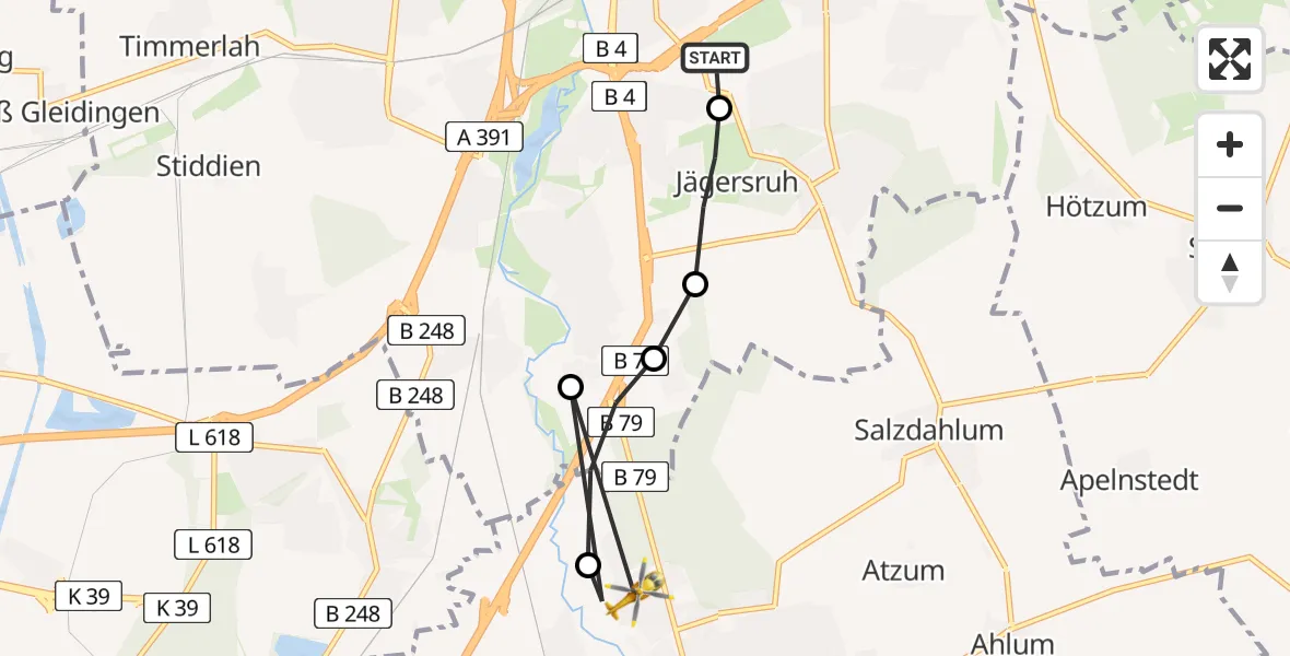Flugroute Rettungshubschrauber Südstadt-Rautheim-Mascherode - Wolfenbüttel Municipal Hospital Heliport (Christoph 30), 08 März 2026, 12:03