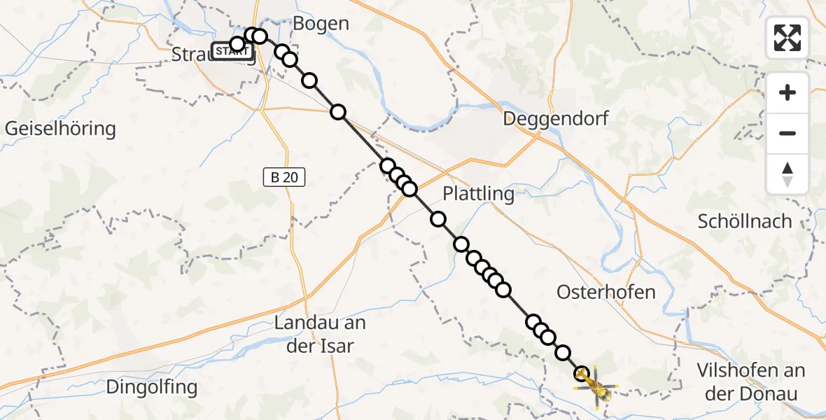 Flugroute Rettungshubschrauber Sankt Elisabeth Hospital Straubing - Forsthart, 08 März 2026, 12:13