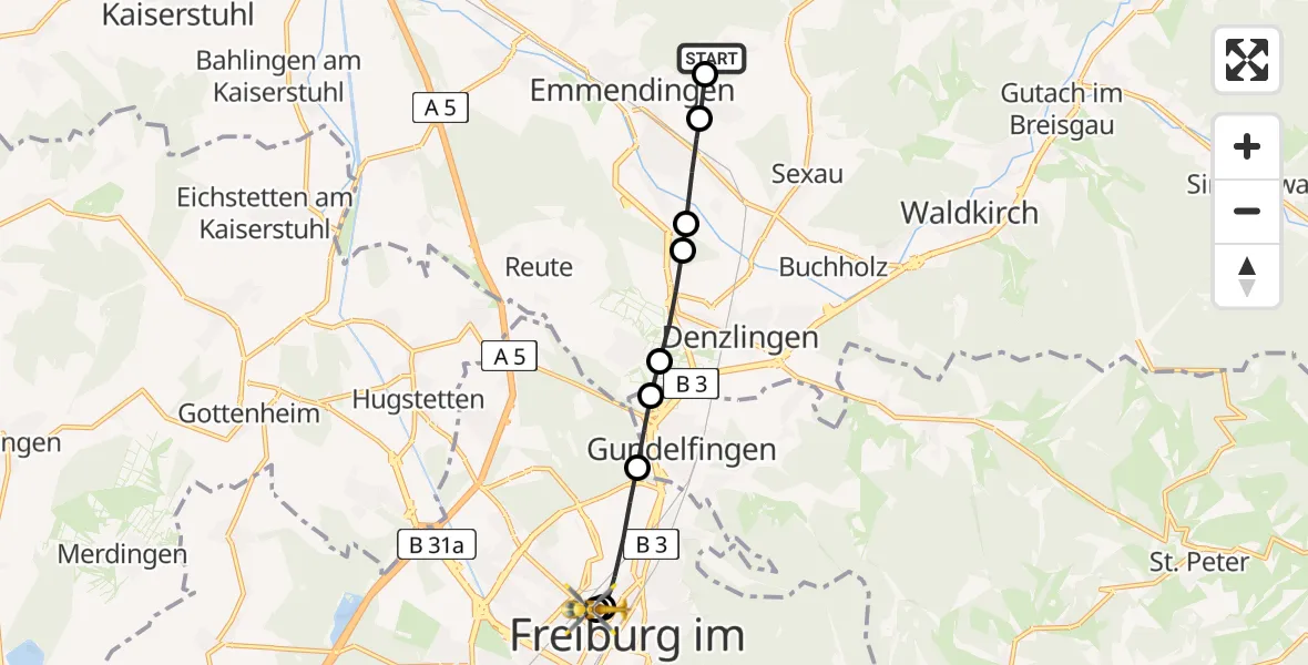 Flugroute Rettungshubschrauber Maleck - Freiburg University Hospital Heliport 1, 08 März 2026, 12:15