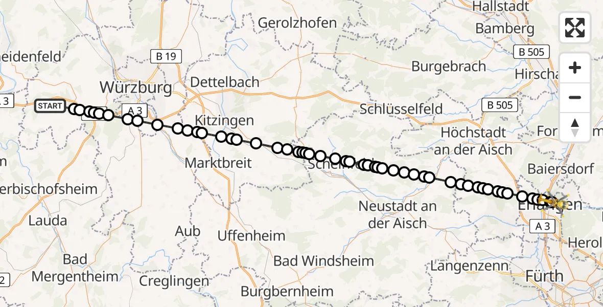 Routekaart van de vlucht: Rettungshubschrauber nach Erlangen University Hospital Rooftop