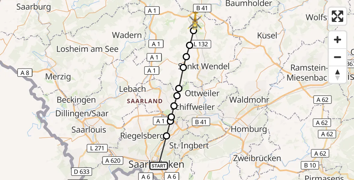 Flugroute Rettungshubschrauber Saarbrücken - Nohfelden, 08 März 2026, 12:37