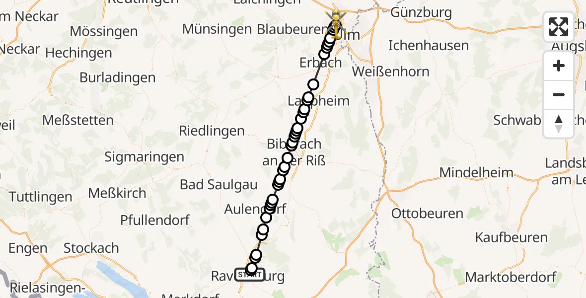 Flugroute Rettungshubschrauber Sankt Elisabeth Hospital - Ulm Military Hospital Emergency Heliport, 08 März 2026, 12:37