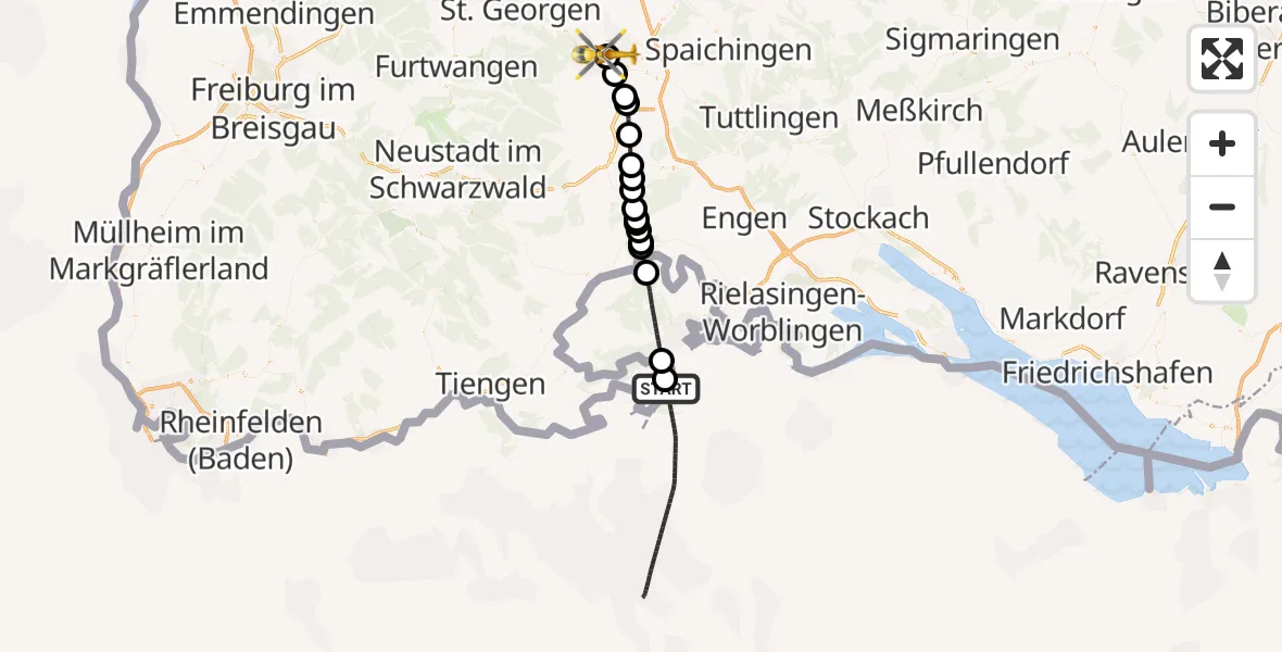 Flugroute Rettungshubschrauber Rheinau - DRF Air Rescue Station Villingen-Schwenningen Heliport (Christoph 11), 08 März 2026, 12:40