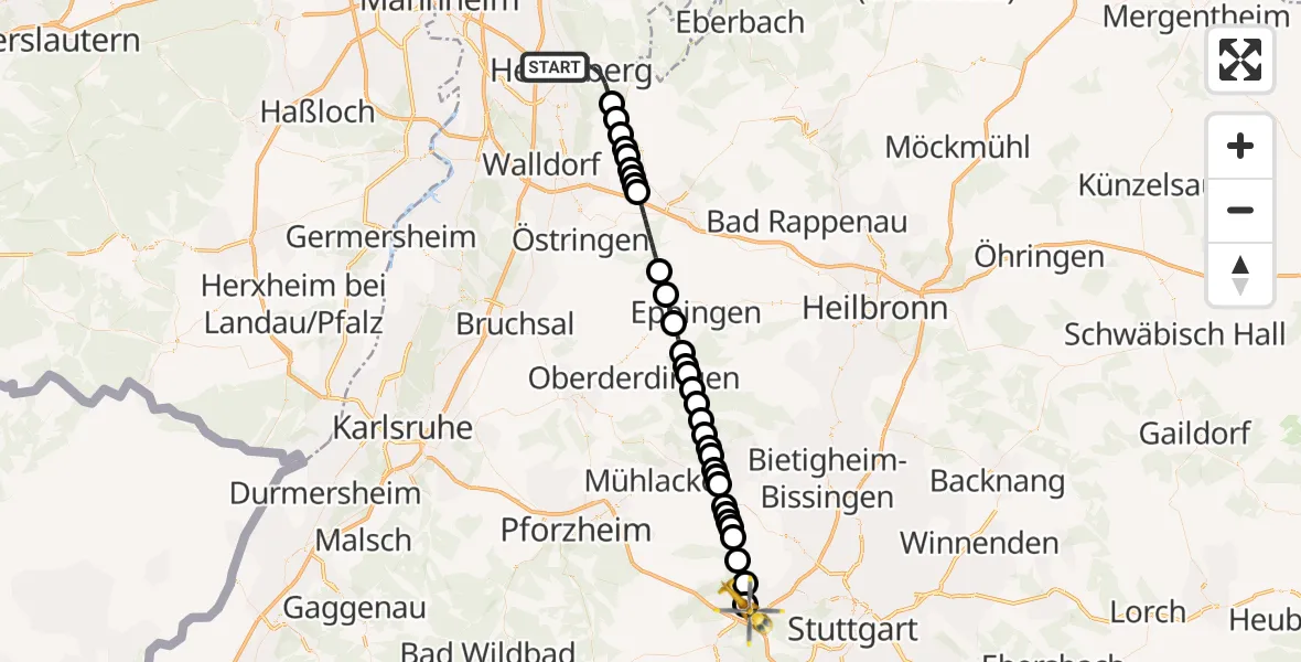 Flugroute Rettungshubschrauber Heidelberg - Leonberg Hospital Heliport, 08 März 2026, 12:41