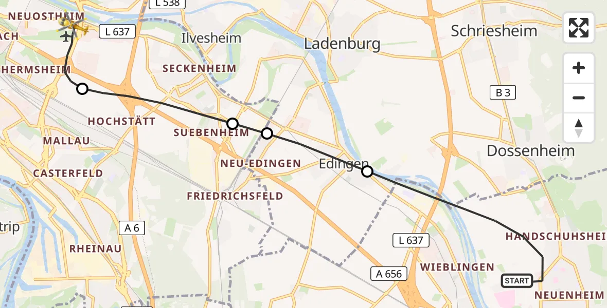 Flugroute Rettungshubschrauber Heidelberg - Mannheim-City Airport, 08 März 2026, 12:43