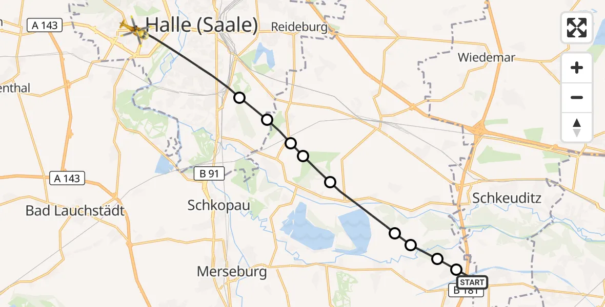 Flugroute Rettungshubschrauber ADAC Air Rescue Station Leipzig/Schkeuditz-Dölzig Heliport (Christoph 61) - Halle (Saale), 08 März 2026, 12:48