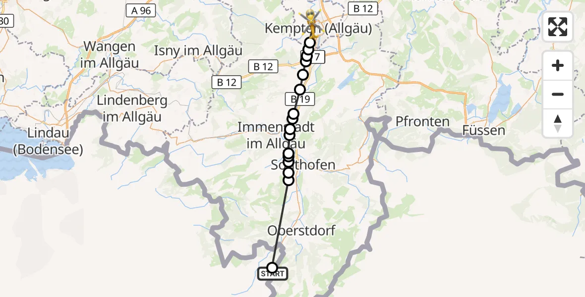Flugroute Rettungshubschrauber Oberstdorf - Kempten (Allgäu), 08 März 2026, 13:00