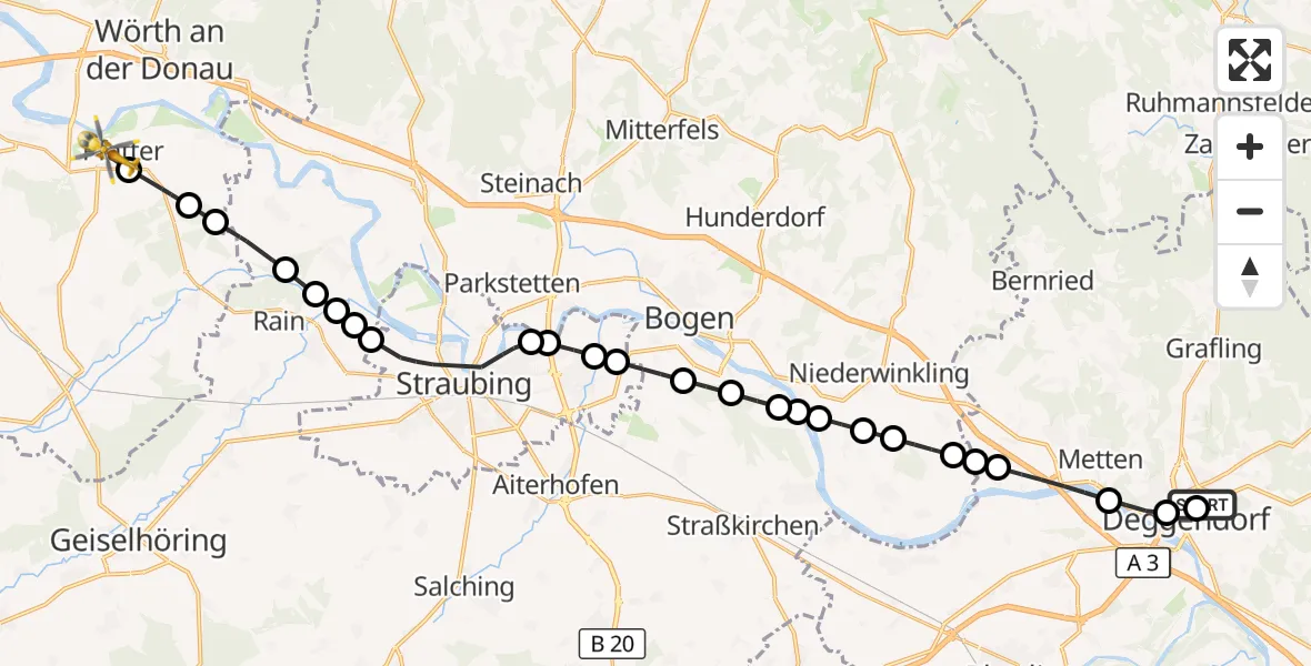 Flugroute Rettungshubschrauber Kleinfilling - Pfatter, 08 März 2026, 13:00