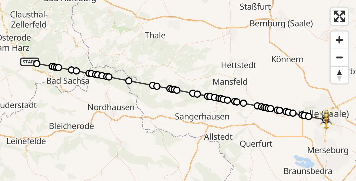 Flugroute Rettungshubschrauber Herzberg am Harz - BG Hospital Bergmannstrost Halle, 08 März 2026, 13:06