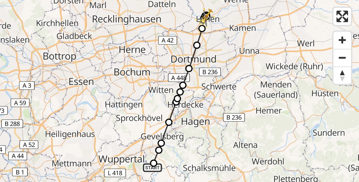 Flugroute Rettungshubschrauber Langerfeld-Beyenburg - Sankt Marien Hospital, 08 März 2026, 13:07