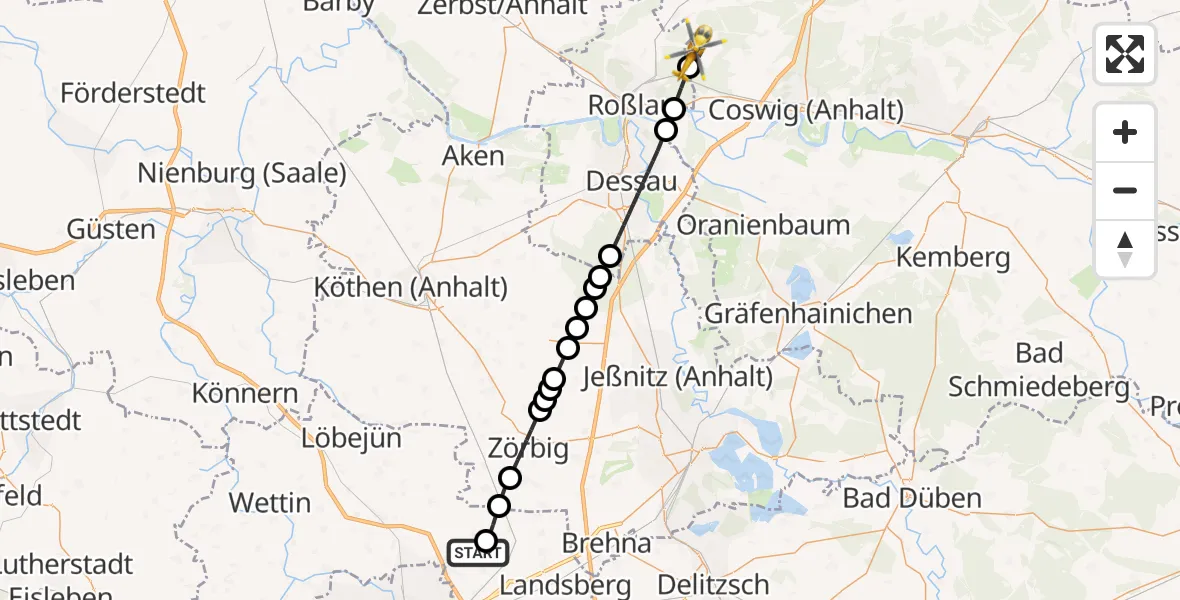 Flugroute Rettungshubschrauber Halle-Oppin Airfield - Coswig (Anhalt), 08 März 2026, 13:09