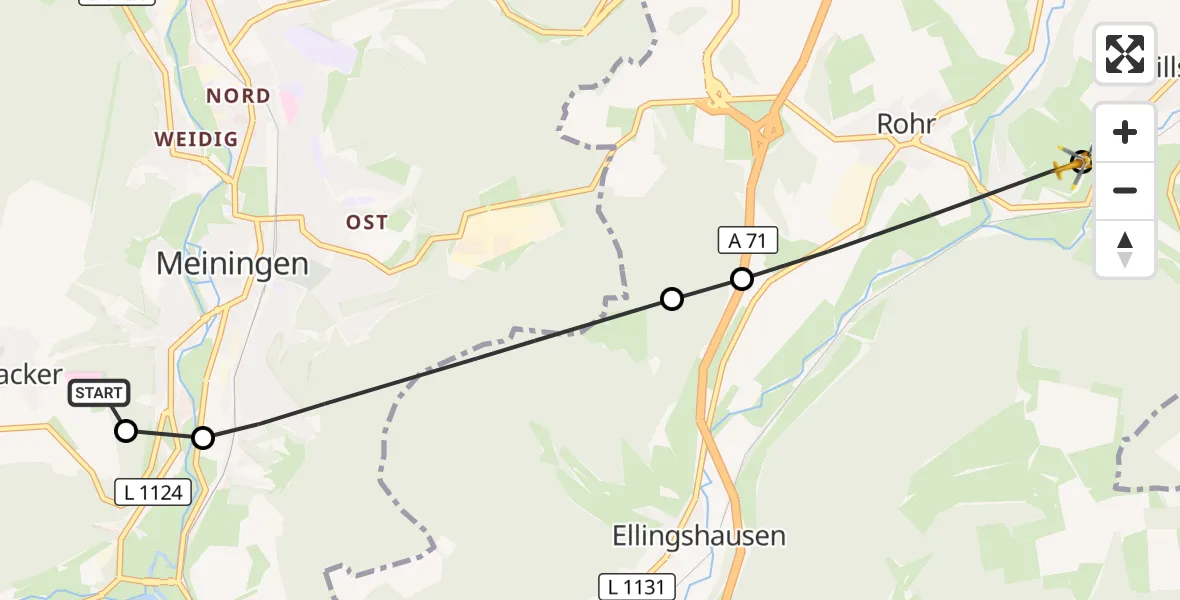 Flugroute Rettungshubschrauber Helios Clinic Meiningen - Dillstädt, 08 März 2026, 13:13