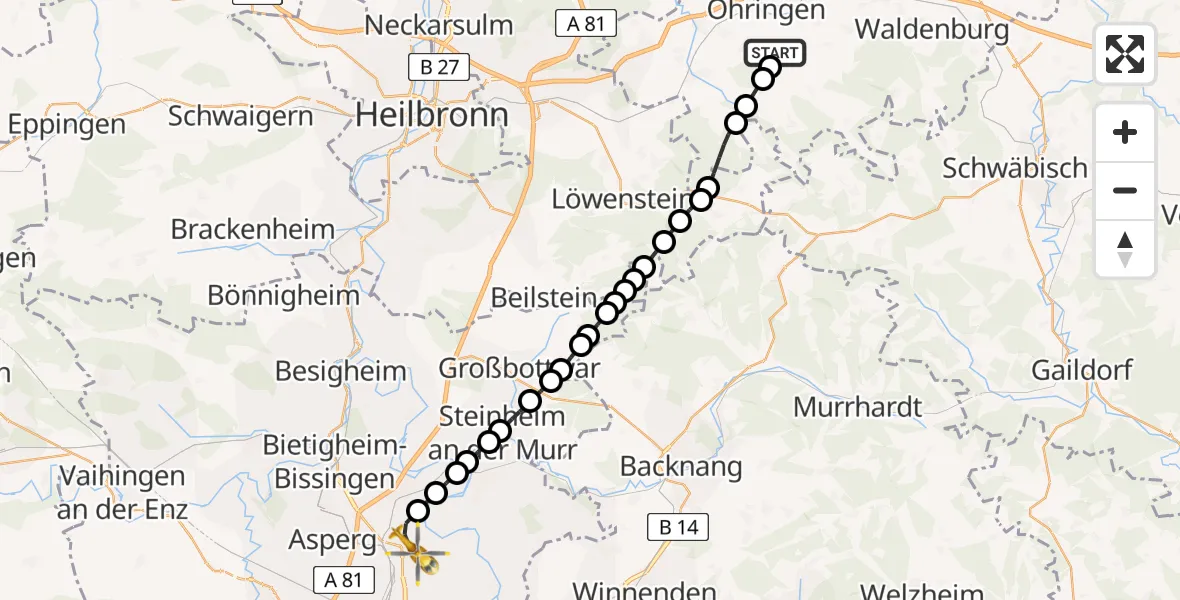 Routekaart van de vlucht: Rettungshubschrauber nach Ludwigsburg, Posilipostraße