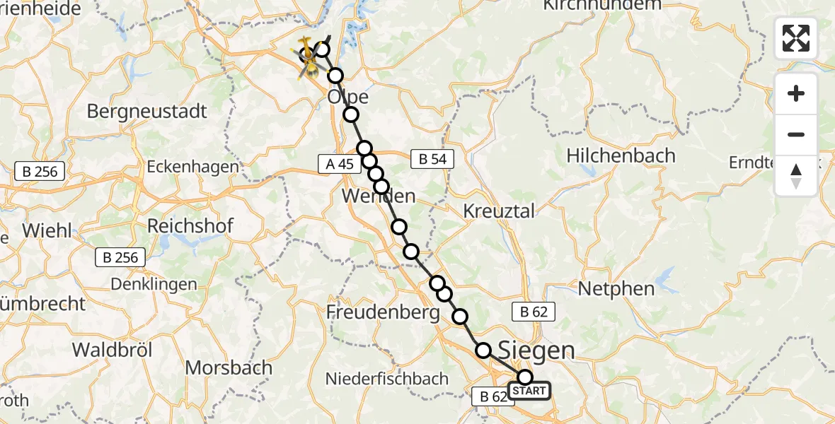 Flugroute Rettungshubschrauber Evangelisches Jung-Stilling Hospital - Dumicke, 08 März 2026, 13:22