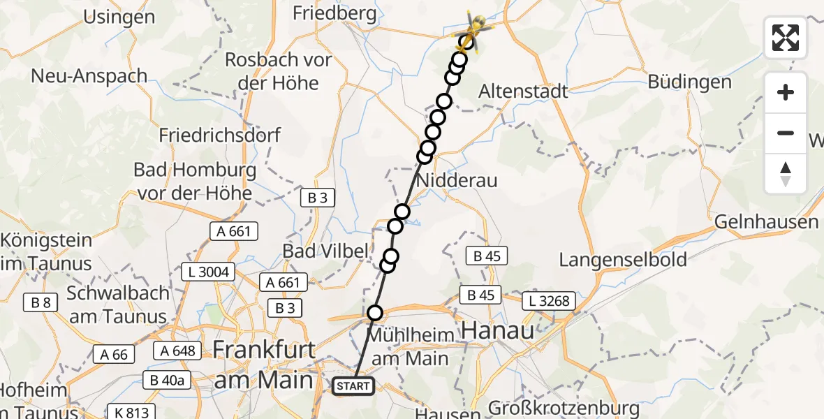 Flugroute Ambulanzhubschrauber Offenbach am Main - Nieder-/Ober-Florstadt, 08 März 2026, 13:22
