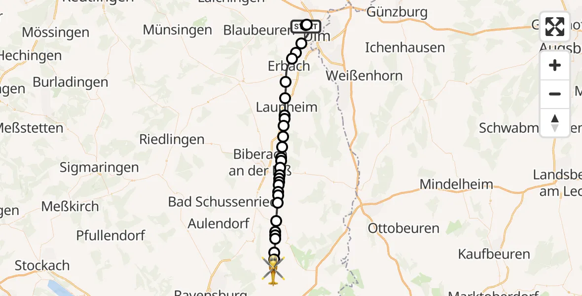 Flugroute Rettungshubschrauber Ulm Military Hospital Emergency - Eintürnen, 08 März 2026, 13:26