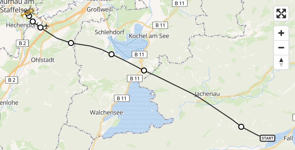 Flugroute Rettungshubschrauber Fall - Murnau Accident Hospital, 08 März 2026, 13:27