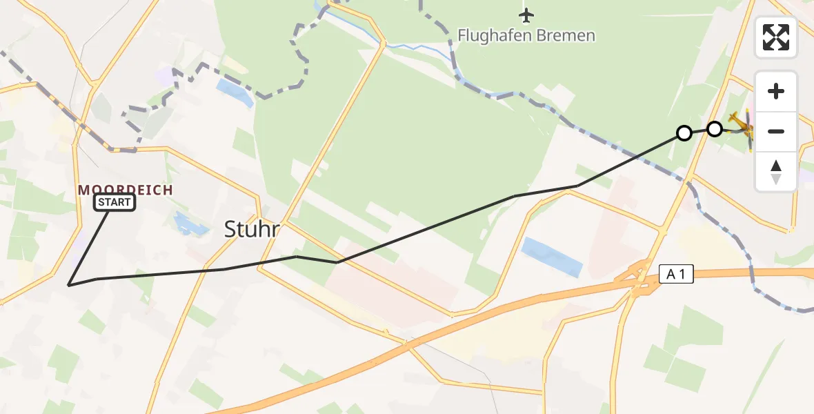 Flugroute Rettungshubschrauber Stuhr - ADAC Air Rescue Station Bremen Heliport (Christoph 6), 08 März 2026, 13:27