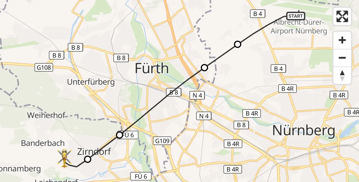 Flugroute Ambulanzhubschrauber Nuremberg Airport - Leichendorf, 08 März 2026, 13:30