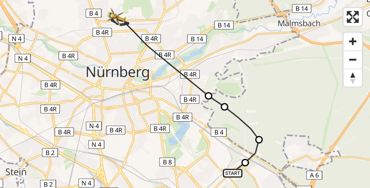 Flugroute Rettungshubschrauber Nürnberg South Hospital - Nürnberg, 08 März 2026, 13:31