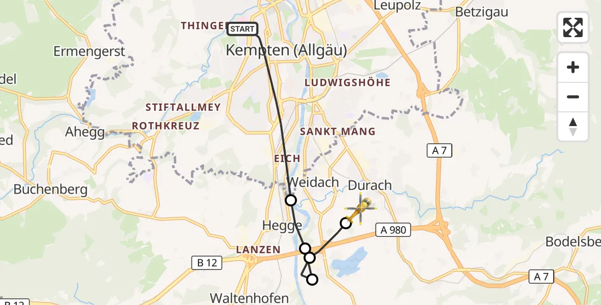 Flugroute Rettungshubschrauber Kempten (Allgäu) - Kempten-Durach Airfield, 08 März 2026, 13:32