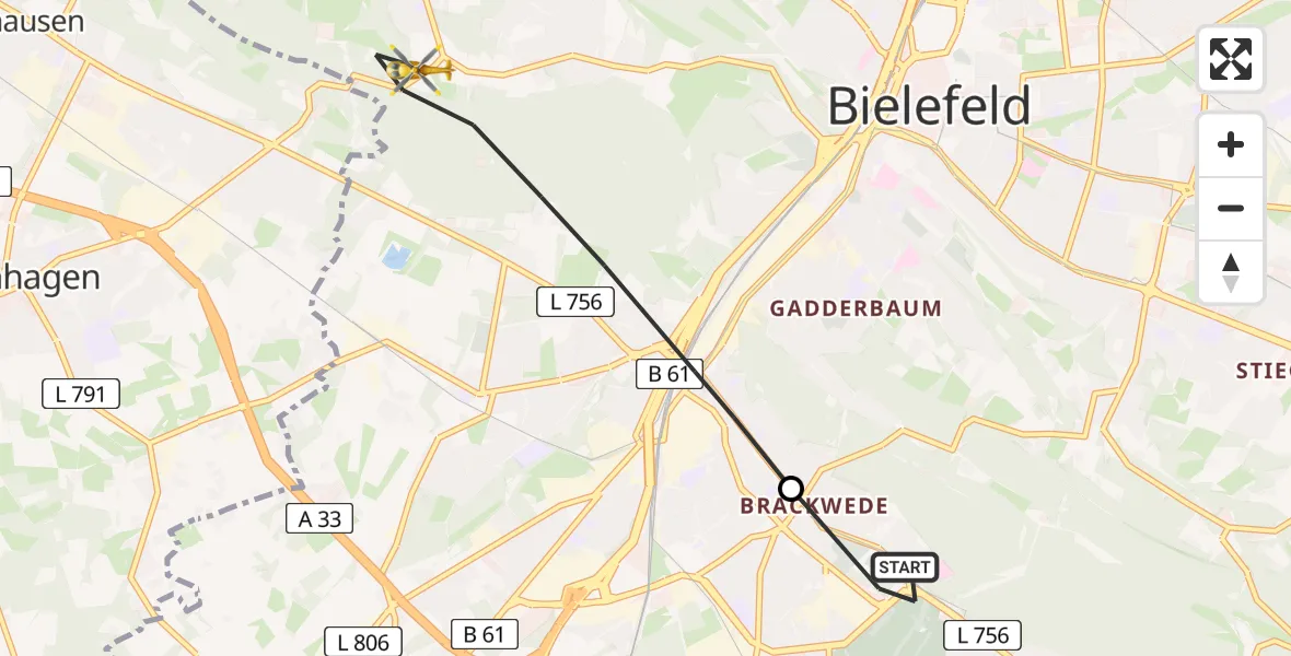 Flugroute Rettungshubschrauber Luftrettungszentrum Bielefeld - Bielefeld, 08 März 2026, 13:42