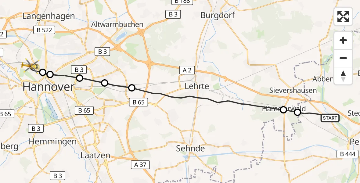 Flugroute Rettungshubschrauber Vöhrum - Vahrenwald-List, 08 März 2026, 13:53