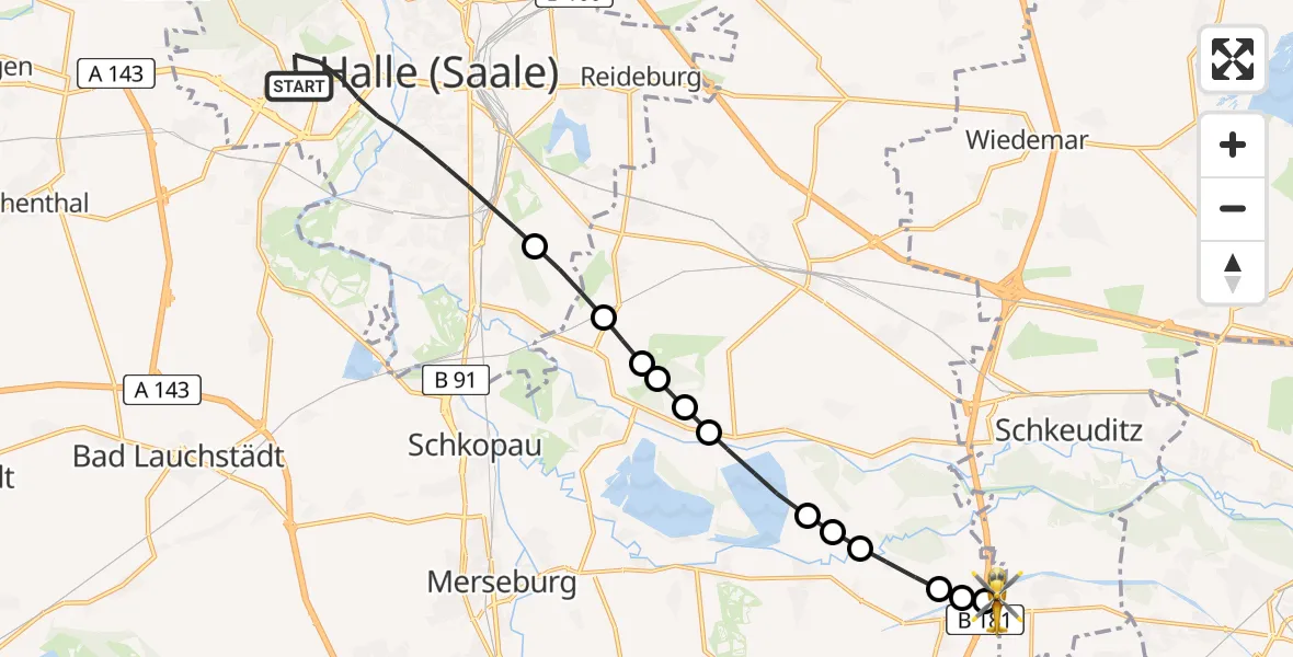 Flugroute Rettungshubschrauber Halle (Saale) - ADAC Air Rescue Station Leipzig/Schkeuditz-Dölzig Heliport (Christoph 61), 08 März 2026, 13:53
