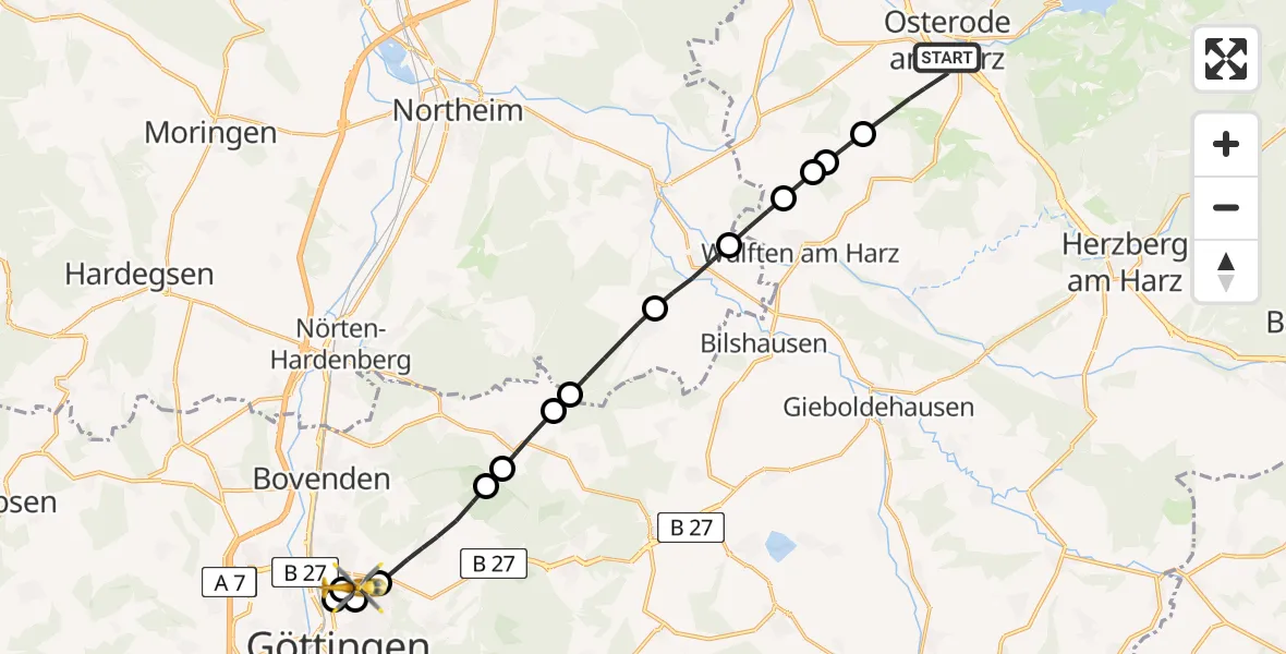 Flugroute Rettungshubschrauber Osterode am Harz - Göttingen University Clinic Heliport, 08 März 2026, 13:54