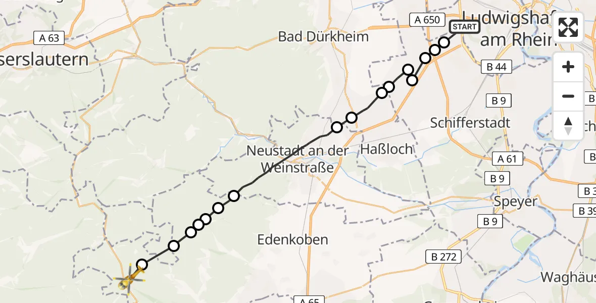 Flugroute Rettungshubschrauber Ludwigshafen am Rhein - Annweiler am Trifels, 08 März 2026, 13:55