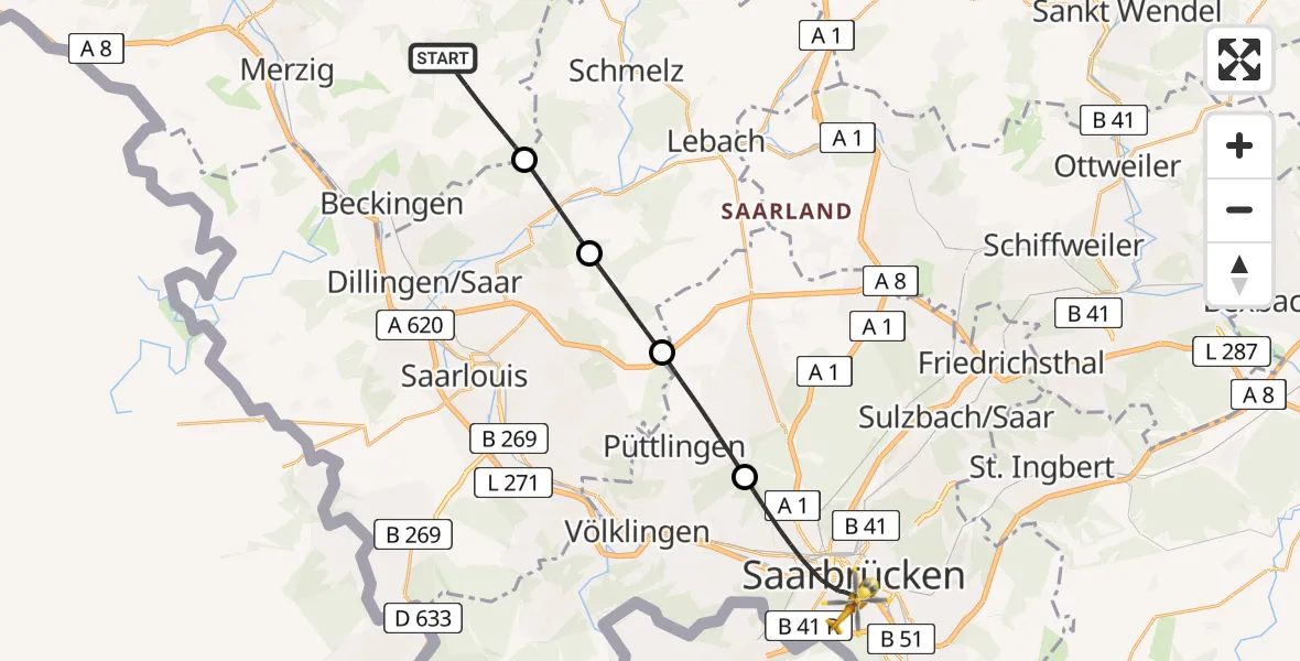 Flugroute Rettungshubschrauber Beckingen - Saarbrücken, 08 März 2026, 14:00