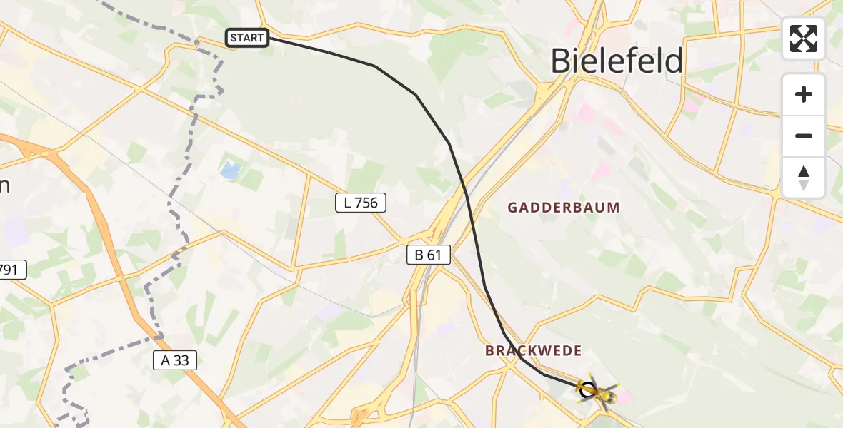 Flugroute Rettungshubschrauber Bielefeld - Luftrettungszentrum Bielefeld, 08 März 2026, 14:04