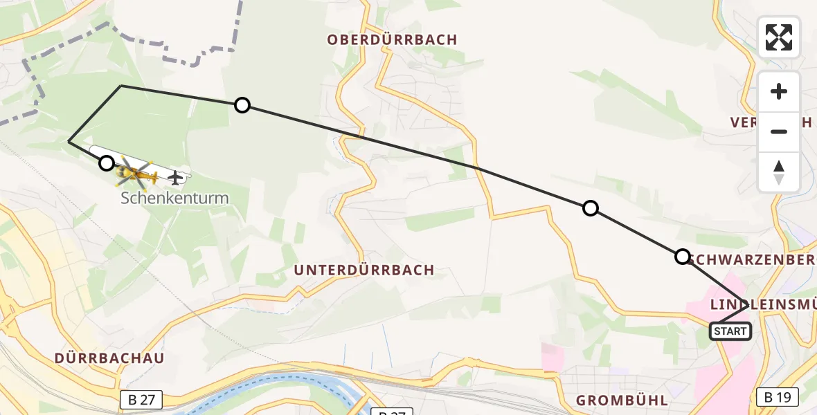 Routekaart van de vlucht: Rettungshubschrauber nach Würzburg-Schenkenturm Airfield