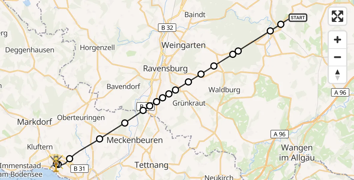 Flugroute Rettungshubschrauber Eintürnen - Friedrichshafen Hospital, 08 März 2026, 14:06