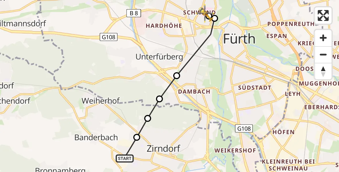 Flugroute Ambulanzhubschrauber Leichendorf - Fürth Hospital, 08 März 2026, 14:12