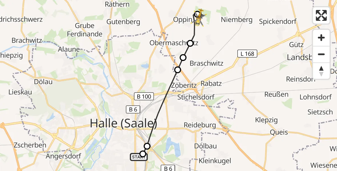 Flugroute Rettungshubschrauber BG Hospital Bergmannstrost Halle - Halle-Oppin Airfield, 08 März 2026, 14:14
