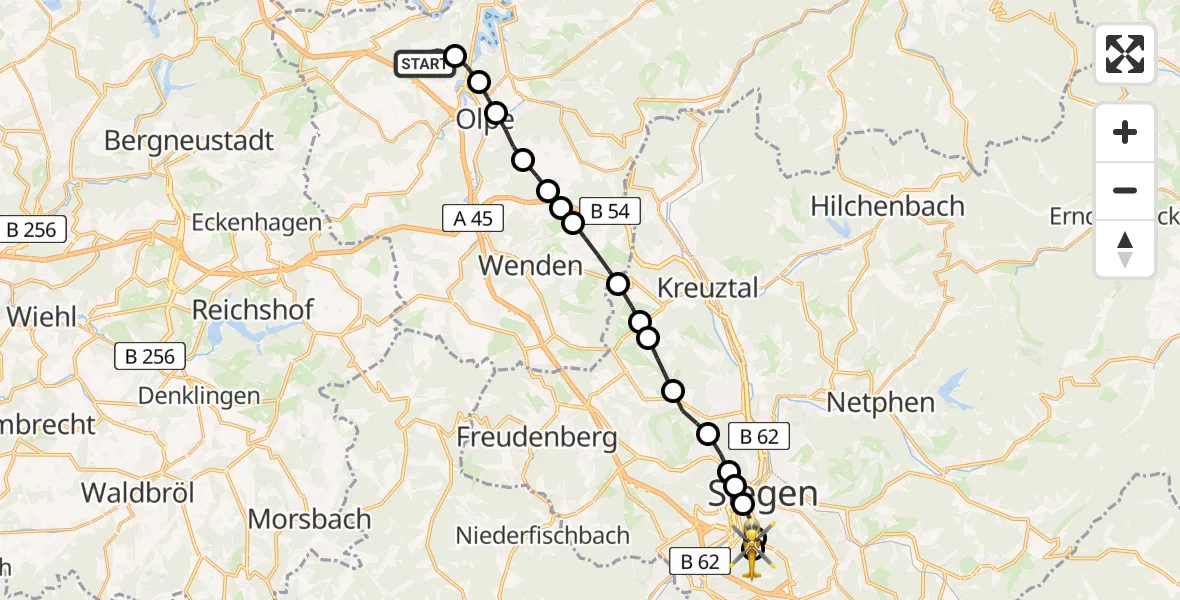 Flugroute Rettungshubschrauber Dumicke - Evangelisches Jung-Stilling Hospital, 08 März 2026, 14:18