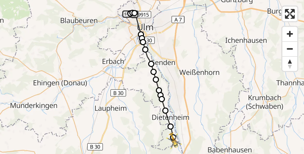 Flugroute Rettungshubschrauber Ulm Military Hospital Emergency - Oberbalzheim, 08 März 2026, 14:23