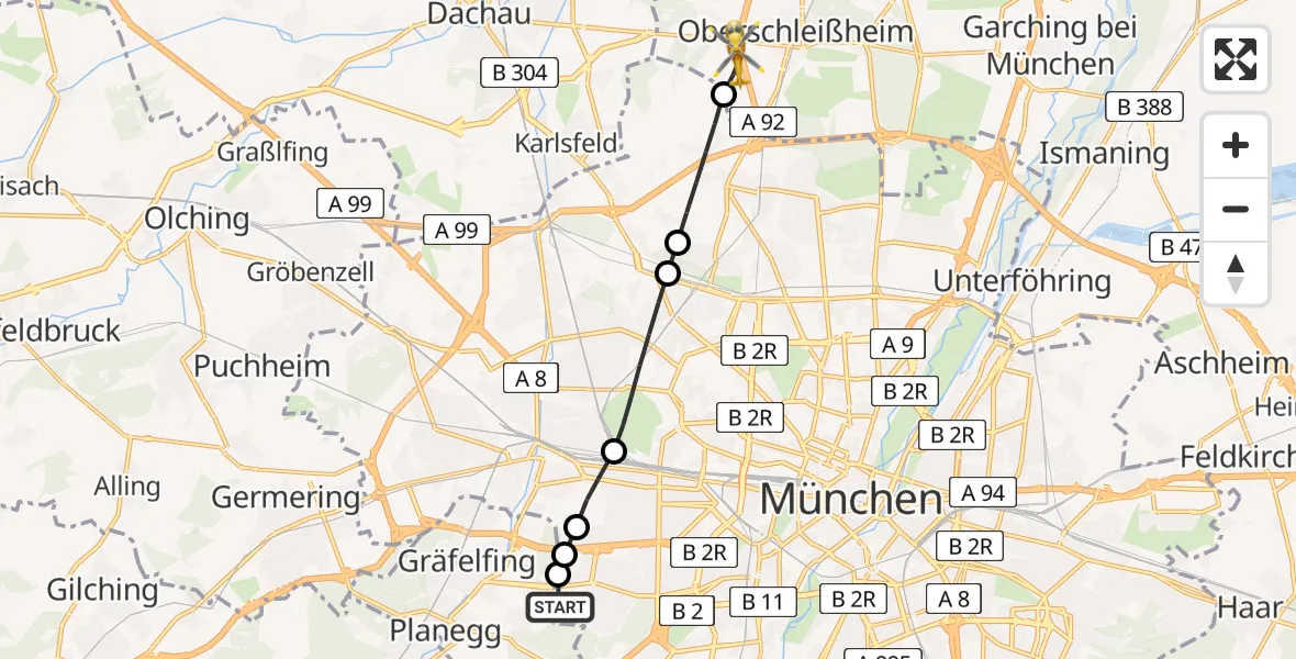Flugroute Ambulanzhubschrauber DRF Air Rescue München Heliport - Oberschleißheim, 08 März 2026, 14:32