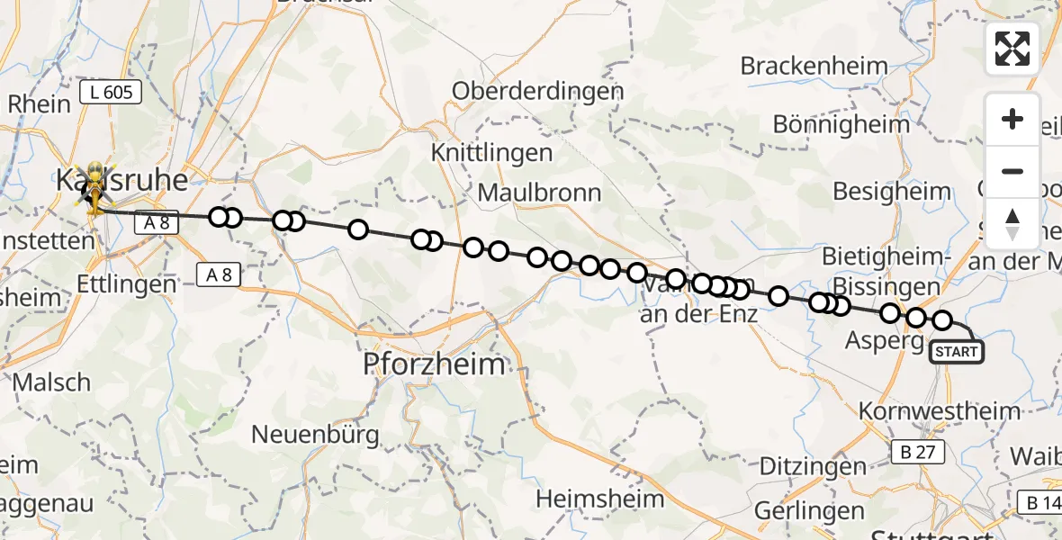 Flugroute Rettungshubschrauber Ludwigsburg - Sankt Vincentius Hospital, 08 März 2026, 14:32