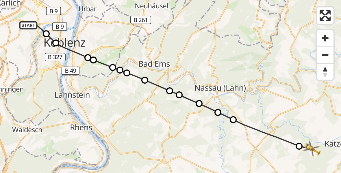 Flugroute Rettungshubschrauber Koblenz - Niedertiefenbach, 08 März 2026, 14:33