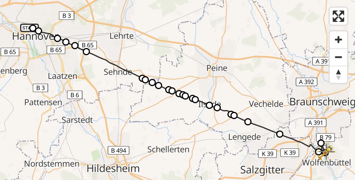 Flugroute Rettungshubschrauber Nord - Wolfenbüttel Municipal Hospital Heliport (Christoph 30), 08 März 2026, 14:37